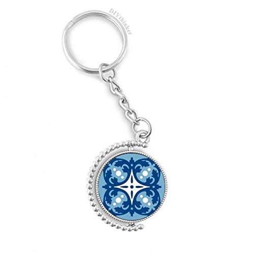Llavero giratorio azul Talavera con ilustración de flor decorativa para colgar llaves de casa
