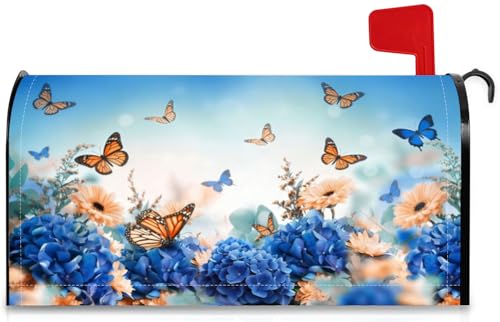GICDSU Spring Summer Floral Magnetic Mailbox Cover Standard Size,Hydrangea Flowers with Butterflies Mailbox Wraps,Seasonal Post Letter Box Cover Wraps Decor for Outside Garden Yard