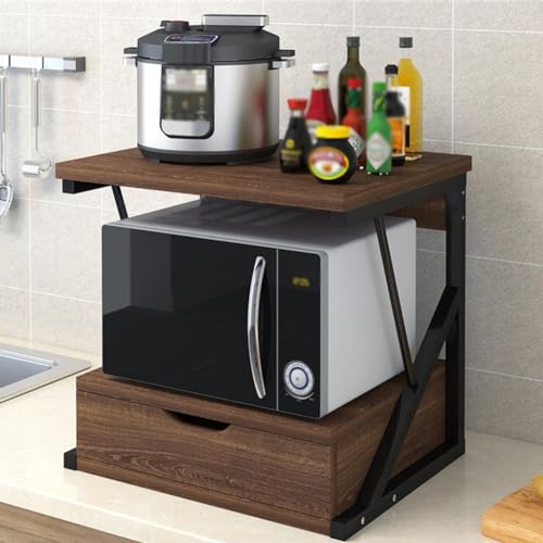 Soporte de madera para microondas de 2 niveles con cajón, estante de almacenamiento de cocina para el hogar y la oficina, ideal para impresoras, microondas y soluciones que ahorran espacio