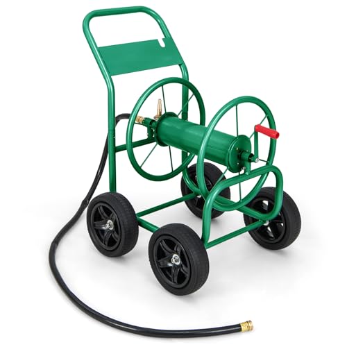 Goplus Garden Hose Reel Cart, Heavy Duty Water Planting Cart w/Non-slip Crank Handle, 4 Solid Wheels, Outdoor Hose Reel Holds 330FT of 3/4', 5/8” & 400FT of 1/2' Hose for Garden Yard Lawn Farm (Green)