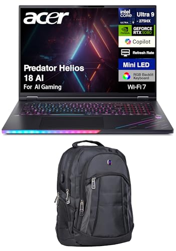 Image of Acer Predator Helios 18 AI Gaming Laptop 18 inch Mini LED WQXGA (2560x1600) 250Hz Display, (Intel Ultra 9-275HX, GeForce RTX 5080 16GB, 32GB DDR5, 2TB PCIe SSD, RGB KB, Win 11 Pro) w /Premium Backpack