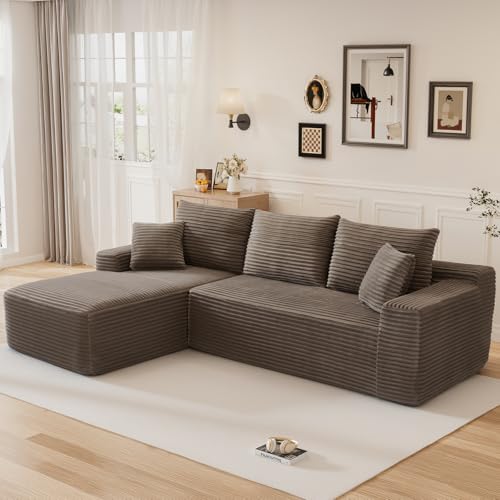 Image of 108 inch L Shaped Cloud Boneless Sectional Couches for Living Room, Modern Comfy Modular Deep Seat Memory Foam Compressed Corduroy Sofa Oversized Left Facing Chaise, No Assembly Required, Brown