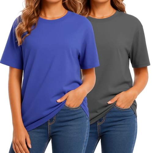Non-Transparent Premium Combed Cotton T-Shirts for Women, 2-Pack High-Density Compact-Spun Knit Crewneck Loose Fit Tops