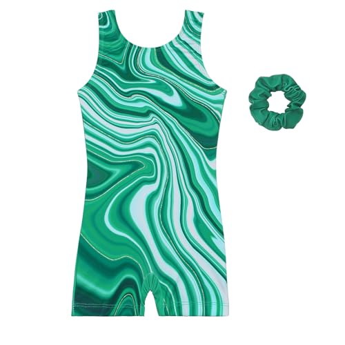 JESKIDS Leotards for Girls Gymnastics with Shorts Dance Biketards Tumbling Matching Hair Scrunchie 3~15 Years Green Milky Way 6-7 Years