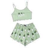 NYUJ Pyjama Damen,Damen-Pyjama-Sets 2-Teiliges Cartoon-Kreatives Dünnes Grünes Kaktus-Pflanzendruck-Nachtwäsche-Sommer-Weiches Gemütliches Leibchen Tops Und Shorts Pjs-Set Sommer-Loungewear-Nachtwäs