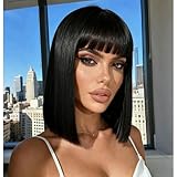 siswin Black Wig with Bangs Short Straight Wigs for Women 12Inch Bob Shoulder Length Synthetic Colorful Cosplay Wig for Daily Party Halloween (Black)