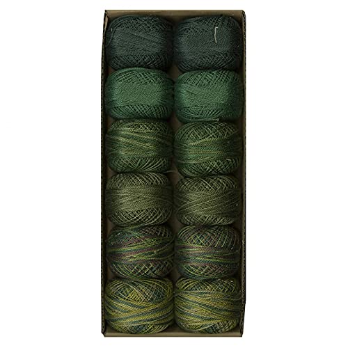Image of Valdani Pearl Cotton Sz 12 | Two in Green | 12 Balls | 109 Yds /Ball | 12-Ball Collection, Hand-Dyed Egyptian Cotton, Colorfast, Size 12 (100m /109 yds, 10g ball), Non-Divisible