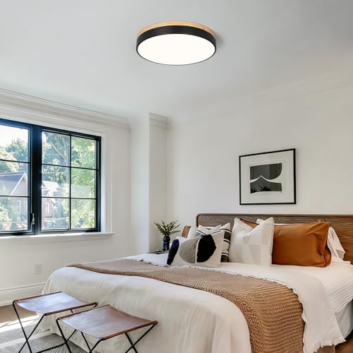 Image of Modern LED Wood Black Round Flush Mount Ceiling Light 15.74 Inch