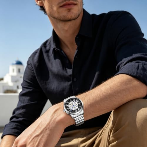 Image of OPK Men's Automatic Mechanical Watch Skeleton Black Dial with Roman Numerals Silver Stainless Steel Bracelet Waterproof Luxury Dress Wristwatch