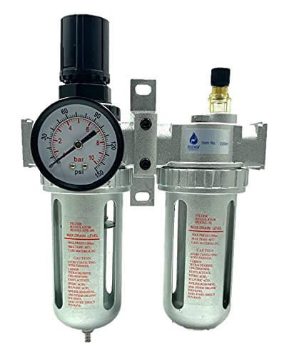 FEENIX Pro Products 22091 Air Filter Regulator & Lubricator Combo 1/2 inch NPT, 5 Micron Element, Poly Bowl - Compressor Air Filter Air Pressure Regulator Water-Oil Separator Trap Filter, Black/Gray
