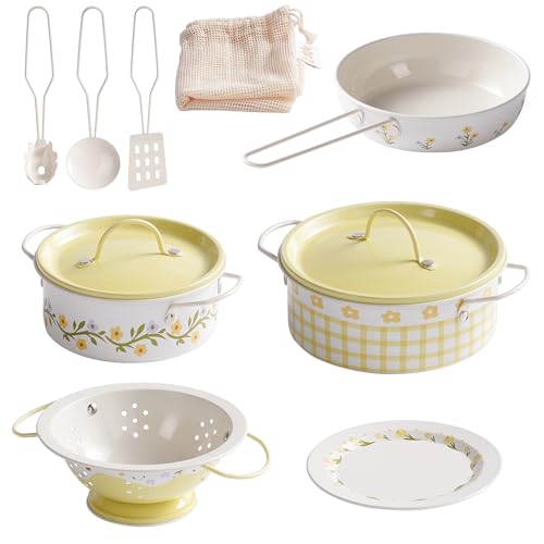 ROBUD Kids Pots and Pans Playset,Toddler Kitchen Accessories Pretend Cooking,Cottagecore Yellow Stainless Steel Pots and Pans Metal, Kitchen Set for Kids, Mini Toy Kitchen Accessories(9 Pieces)