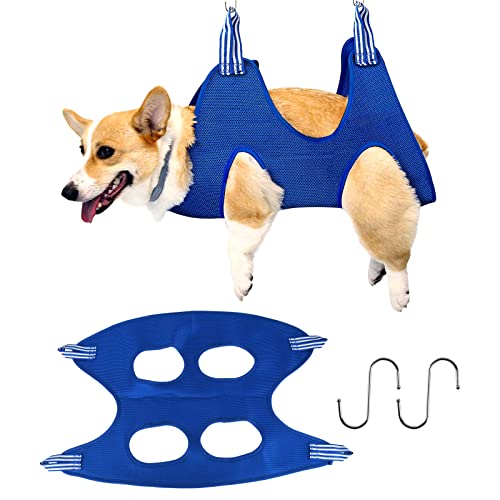 Hamac de Toilettage pour Chien et Chats, Petits Chiots et Mini Chiens, Hamac pour Chiens avec 2 Crochets en Forme de S, Soins des Oreilles Et des Yeux Sac De Toilettage en Tissu Respirant - Bleu