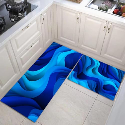 Alfombrillas de cocina antideslizantes JEDTAKCT juego de 2 piezas lavables geometricas en azul real 2