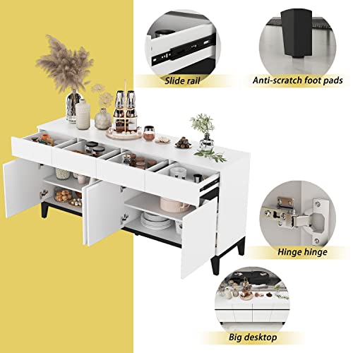 Didugo White And Black Credenza Sideboard Buffet With Drawers & Doors, Sideboard Buffet Cabinet With Adjustable Shelves, Metal Legs, For Hallway (63”W X 15.74”D X 27”H) #TOP3