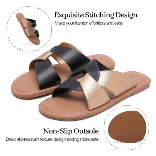 Image of Luoika Women's Wide Width Flat Slides Sandals, Strapy Slide Sandal Slip on Dressy Summer Shoes for Women.