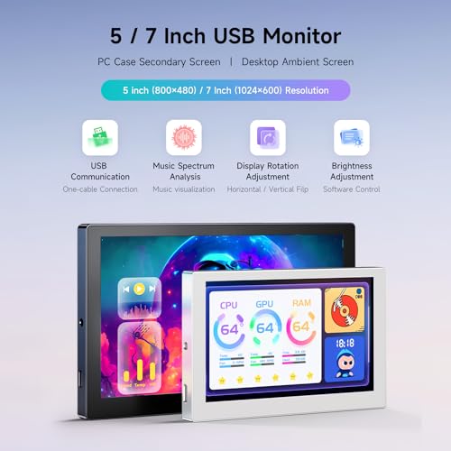 Image of waveshare 5inch USB Monitor, PC Case Secondary Screen /Desktop RGB Ambient Screen, IPS Panel, 800x480 Resolution, with Music Spectrum Analysis Function, Type-C Interface, CNC Metal Case, Silver