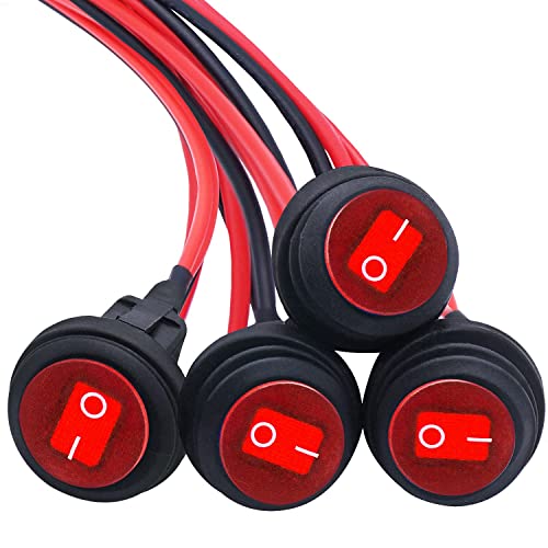 Taiss 4 pièces interrupteurs à bascule 12V 20A,étanche rond, 2 positions marche/arrêt SPST 3 broches avec lumière LED rouge,pour voiture, bateau, appareils ménagers, avec câble KCD1-8-101NW-R-X Cover