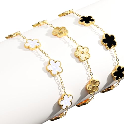 AICase 18K Gold Plated Clover Bracelet Dupes Gold/White/Black Bracelet Set for Women Flower Leaf Lucky Clover Bracelets Trendy Jewelry Birthday Gifts for Women/Mon/Friends - Image 7