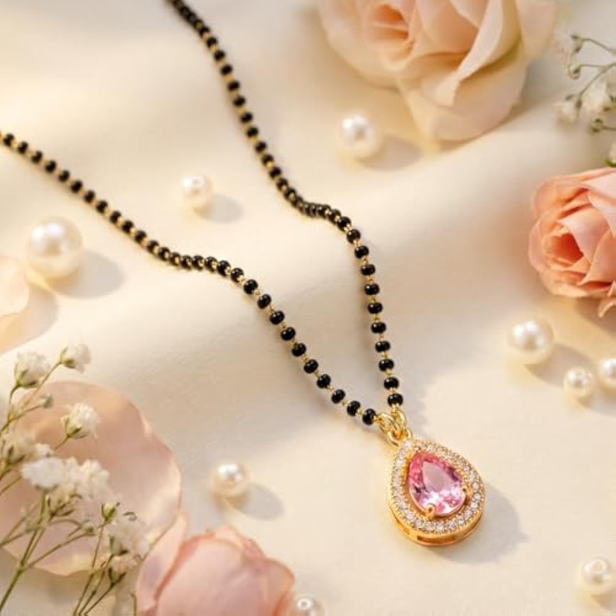 Gold-Toned Pink Stone American Diamond Black Beads Mangalsutra for Women
