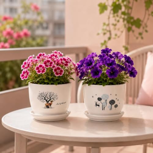 Image of Xtore Artistic Hand-Painted Ceramic Planter Set of 2 with Drain Tray | Elegant Indoor Plant Pots for Desk, Balcony & Home Decor (Pack of 2, Planter only)