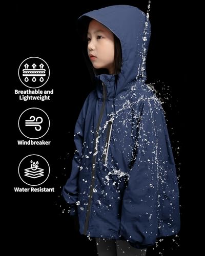 Image of Rolanko Girls Rain Jacket Lightweight Waterproof Hooded Kids Raincoat 6-16 | Kids Windbreaker, Water-Repellent, Sealed Zip Pockets, Reflective Strips, Extended Hood, Outdoor, School Daily, Travel