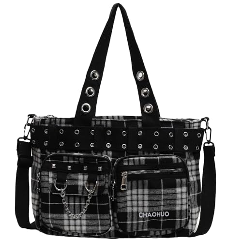 Makukke Sac fourre-tout Y2K pour femme - Grand sac gothique - Motif tête de mort - Pour le travail, le bureau, les voyages, Noir-plaid