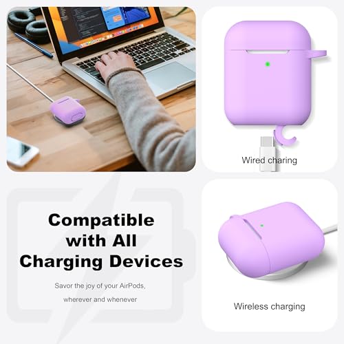 Image of AirPods Case Cover with Keychain, Full Protective Silicone AirPods Accessories Skin Cover for Women Girl with Apple AirPods Wireless Charging Case,Front LED Visible-Lavender