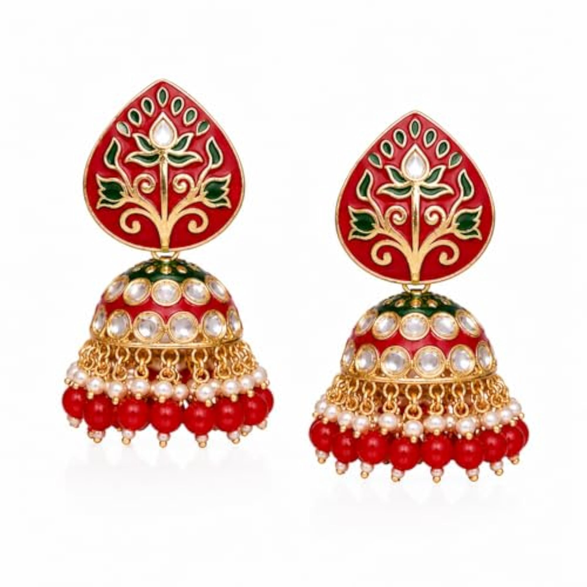 Women's Elegant Kundan Meenakari Jhumki Earrings with Pearl Drops