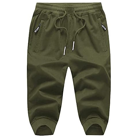 yuyangdpb Men's Cotton Casual Shorts 3/4 Jogger Capri Pants Workout Summer Short with Zipper Pockets ArmyGreen 30 Cover