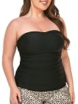 Ocean Blues Women's Black Bandeau Tankini Top Ruched Tummy Control Bikni Top Strapless Bathing Suit Top Only Size X-Large