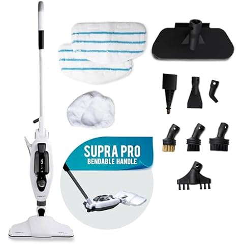Steam and Go Supra Pro Multi-Surface Steam Mop - 90° Bendable Handle for Under Furniture, Detachable Handle with 10 Attachments for Tile Grout, Clothes, Fabric & Upholstery Handheld Steam Cleaner Cover