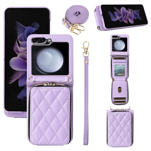 ELISORLI Wallet Case for Samsung Galaxy Z Flip 5 5G 2023 with Wrist Strap Crossbody Shoulder Strap Mutiple Card Slots Zipper Purse Luxury PU Leather Stand Phone Cover for ZFlip5 Z5 G Flip5 5Z Purple