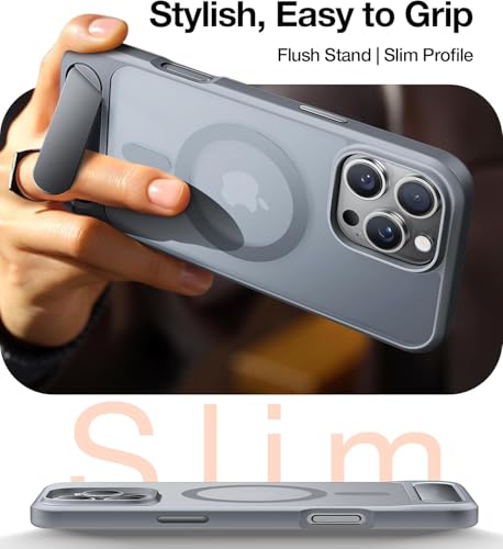 Image of Elzzi Magnetic Cover Compatible For iPhone 16 Pro Max Case with Adjustable Metal Kickstand, Compatible with Mag-Safe Translucent Matte Protective Phone Shockproof Case, Natural Titanium