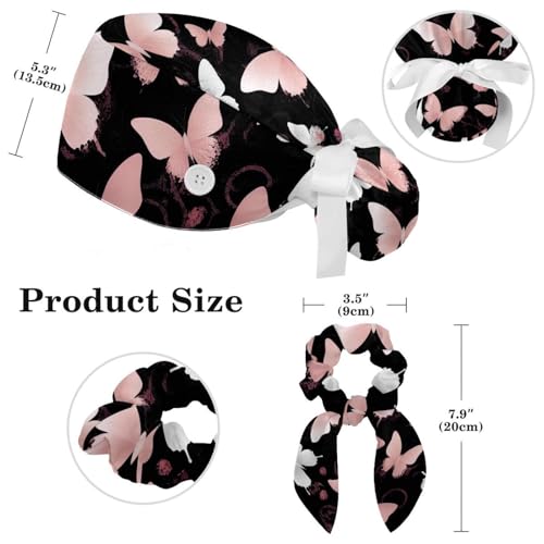 Image of Butterfly Scrub Cap Women with Ponytail & Buttons Adjustable Surgical Nurse Hat with Cotton Sweatband for Long Hair