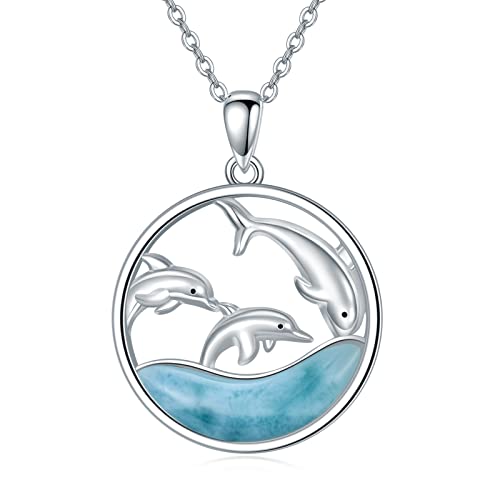 Natural Larimar Turtle Dolphin Necklace Sterling Silver Pendant Ocean Jewelry Birthday Gifts for Women