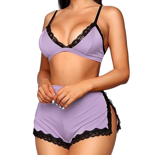 RSLOVE Sexy Pajamas for Women Soft Lingerie Set Lace Trim Sleepwear 2 piece Pjs Shorts Set Medium Purple