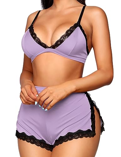 Image of RSLOVE Sexy Pajamas for Women Soft Lingerie Set Lace Trim Sleepwear 2 piece Pjs Shorts Set
