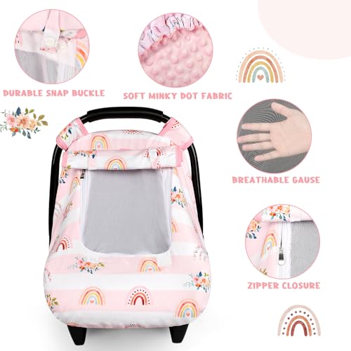Image of Pea Pod Car Seat Cover Baby, Infant Car Seat Canopy Covers for Newborn with 2 Layers Windows of Breathable Mesh Fabric, Lightweight Polyester /Soft Minky Dot Backing (Floral & Rainbow)