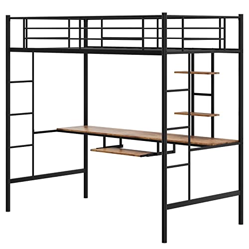 Giantex Twin Loft Bed With Desk And Bookcase, Metal Bunk Bed Frame W/ Guardrail & Bilateral Ladder For Kids Teens Adults, Space-Saving Loft Bed With Keyboard Tray, No Box Spring Needed, Black #TOP7