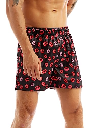 Acsuss Men's Frilly Satin Boxers Shorts Silk Summer Bottom Lounge Underwear For Valentines Day Lip Print Black Large #TOP3
