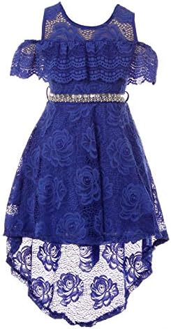 Big Girls Royal Blue Off Shoulder Hi-Lo Floral Lace Rhinestone Flower Girl Swing Summer Dress USA 2176 Size 16