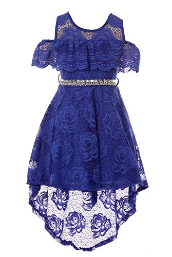 Big Girls Royal Blue Off Shoulder Hi-Lo Floral Lace Rhinestone Flower Girl Swing Summer Dress Usa 2176 Size 16 #TOP6