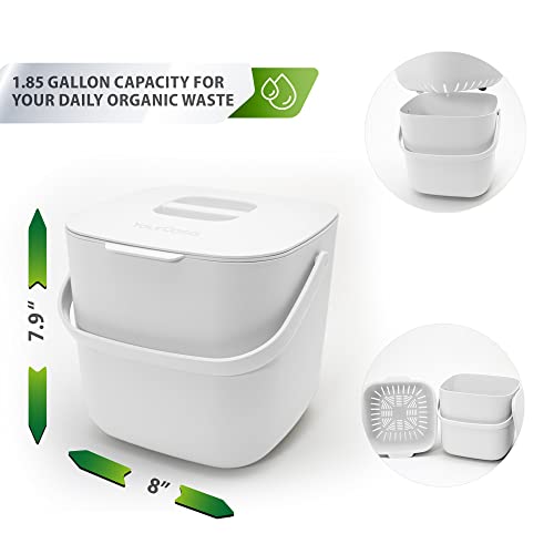 Yourcasa® Kitchen Compost Bin With Lid - 1.85 Gallon - Countertop Composter For Organic Waste - Dishwasher Safe - Odour-Proof - Removable Inner Sieve - Indoor Trash Can Bucket Garbage (White) #TOP5