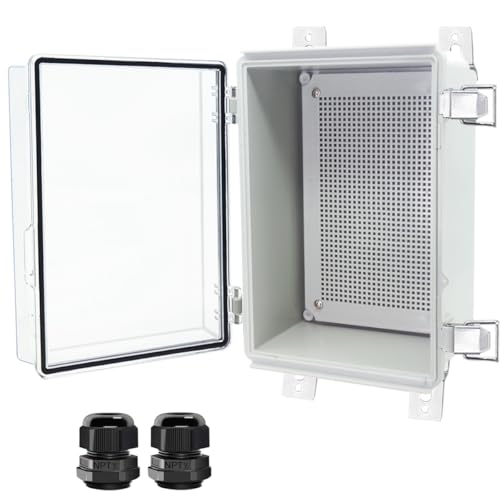 Otdorpatio Junction Box, Hinged Clear Cover Stainless Steel Latch IP67 Waterproof ABS Project Box with 2 Cable Glands,Electrical Box Enclosure with Mounting Plate & Wall Bracket 11x7.5x5.5inch