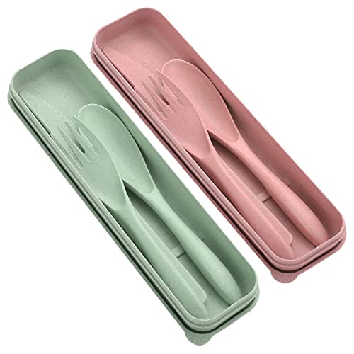 LMOGWL 2pcs Set de vaisselle de voyage portable en plastique, ensemble réutilisable de vaisselle de camping avec boîte, idéal pour l'extérieur du Bureau ou l'utilisation quotidienne (vert/Rose)