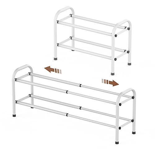 Image of Gonfoam Expandable 2-Tier Shoe Rack for Closet and Entryway, White | Tool-Free Assembly, Metal Material, Adjustable Shoe Organizer, Sturdy, Small Space Solution, Dorms, Garages, Apartments.