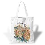 YTTRVHIH Rome Canvas Tote Bag, Watercolor Historic City Shoulder Carryall with Domed Architecture Print, Reusable Shopping Bag for Work Travel Beach, Italy Gift for Women Friends, 13.7 x 15.7 In