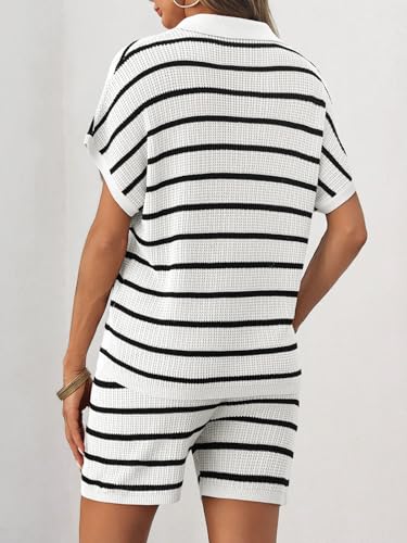 Image of Tankaneo Womens 2 Piece Outfits Striped Knit Summer Sets V Neck Short Sleeve Tops and Shorts Lounge Matching Set