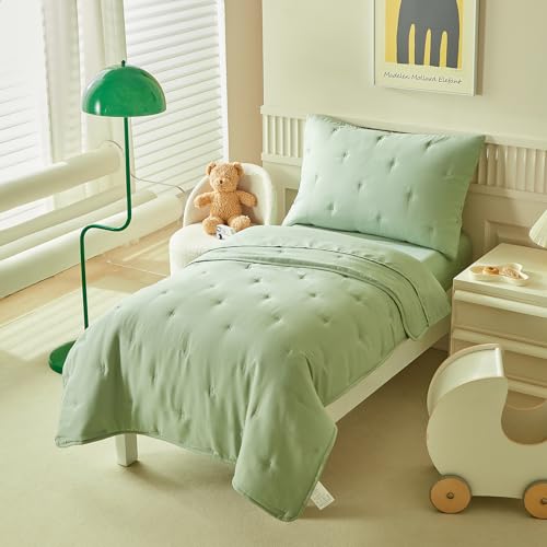 Image of DuShow Green 4 Pieces Toddler Bedding Set for Boys Girls,Embroidery Microfiber Crib Bed Sheets Set Soft Boho Comforter Set Bed in a Bag,Include Quilted Comforter,Flat Sheet,Fitted Sheet,Pillowcase