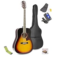 All-in-one acoustic guitar starter kit features a striking sunburst dreadnought guitar, clip-on tuner, spare steel strings, picks, strap, gig bag and an advanced microfibre string cleaner Beginner musicians enjoy confident practice with included digi...